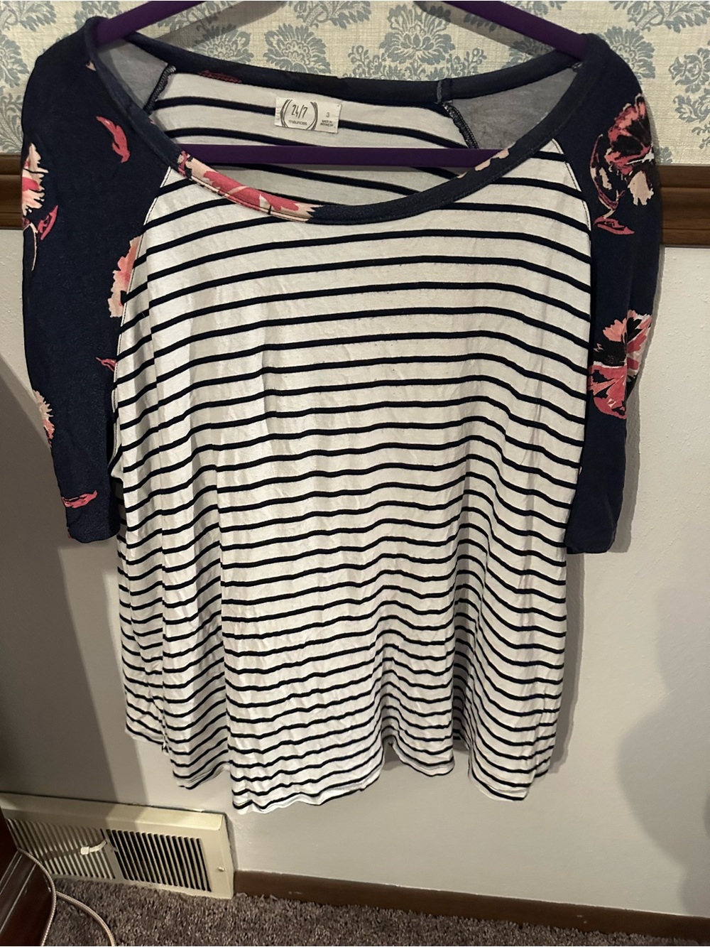 Maurices Black & White Striped Tee with Navy Floral Sleeves